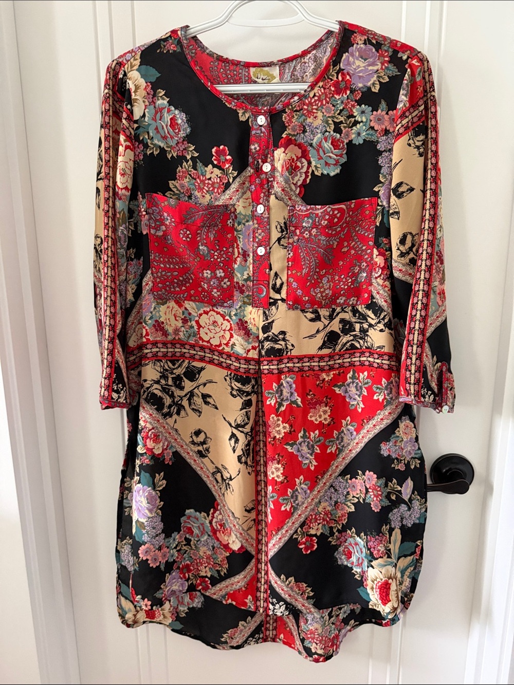 fig and flower Red, Black and Beige Floral Patchwork Long Sleeve Dress